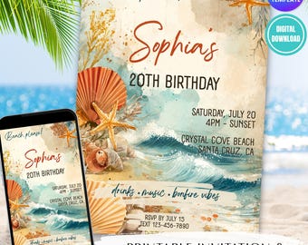 Animated Beach Birthday Invitation Canva Template Editable Tropical Summer Party Digital Evite Printable Invite