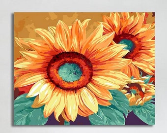 SunFlower Paint by Number Kit, Golden Color Flower DIY Kit Painting on canvas, Adult Sitting Home Art DIY Canvas Painting, relaxing activity