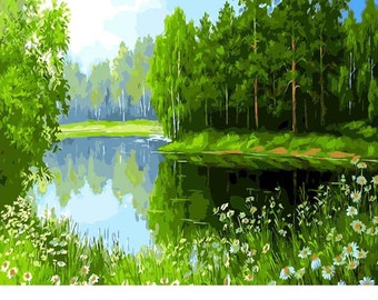 Landschap schilderen op nummer Kit, Green Forrest Lake DIY Kit Schilderen op canvas Adult Home Decor Wall Art kleuren op nummer Hobby Gift 16*20"