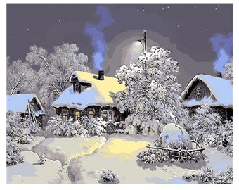 Winter Landscape Paint by Number Kit Adult, Snow House DIY Kit for Adult Painting on canvas Wall Art Home Decor Craft DIY Gift idea 16*20"