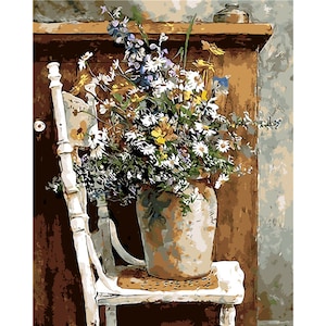 Paint by Number Kit, Spring Flowers on chair DIY Kit Still Life Painting on canvas, Adult Stay Home DIY Art Idea, Relaxing Activity image 1