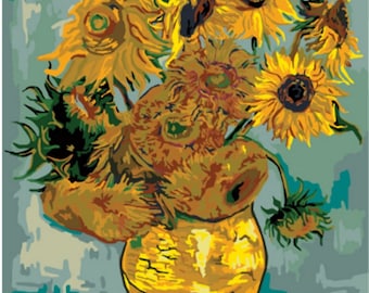Stillevenvaas met twaalf zonnebloemen Verf op nummer Kit, Vincent van Gogh DIY Kit Schilderen op canvas, Adult Stay Home Art