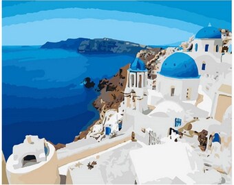 Greece Mediterranean Paint by Number Kit, Santorini Thera Landscape DIY Kit Painting on canvas, Adult relaxing activity