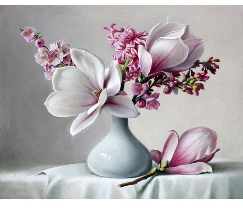Magnolia Flower Paint by Numbers Kit, Still Life DIY Kit Painting on Canvas Paint Coloring by