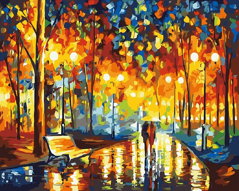 Rainy Night Paint by Number Kit Abstract Park Walkway DIY Kit Painting on canvas