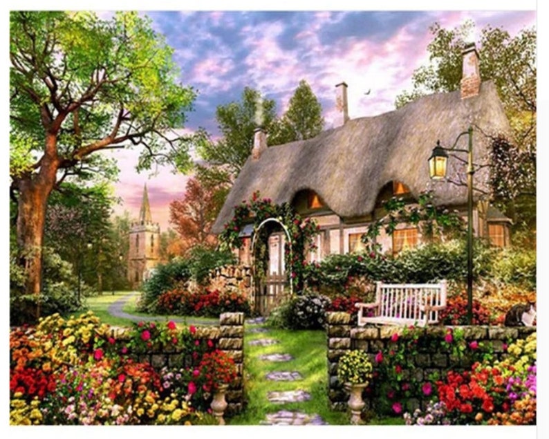 Thatched Roof Cottage Landscape do it yourself painting on canvas European House paint by numbers Kit