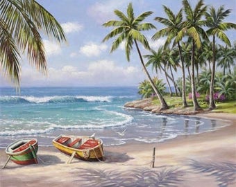 Verf op nummer Kit Zomer, tropische strandboten DIY Kit Schilderen op canvas voor volwassenen zithuis kunstkit, DIY Kit voor volwassenen
