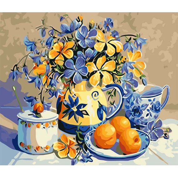 Blue Flowers Paint by Numbers Kit Still Life DIY painting by Etsy