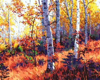 Birch Tree in Fall Paint by Number Kit, Forrest Do it yourself kit, Large fall Forest Canvas Painting on color by number DIY Gift 50*100cm