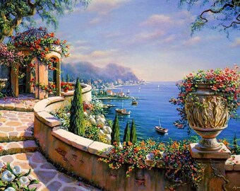 The Mediterranean Seaside Garden Paint by Number Kit, DIY Kit Painting on canvas, adult coloring gifts