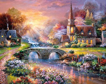 Landscape 5D DIY Diamond Painting, Mountain Villa Mosaic Kit, Square Full Diamond Mosaic DIY 3D Embroidery Cross Stitch Kit Home decor,