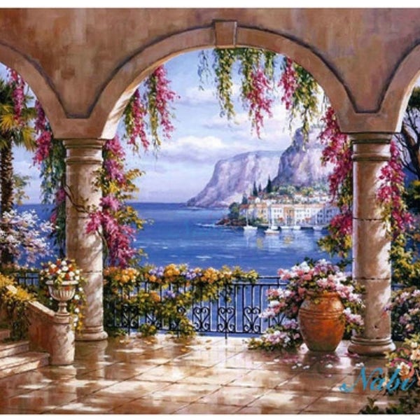 Sea View Diamond Painting Kit, 5D Diamond mosaic Arch Seaside landscape DIY kit for adult Full Diamond Mosaic Home decor gift