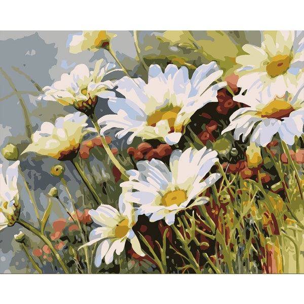 Wild Daisy Flower Paint by Numbers Kit, White Daisy Kit for adult Painting on canvas wall art Home decor Craft DIY Gift Painting idea