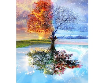 Four Seasons Tree Paint by Number Kit, Landscape DIY Kit Painting on canvas Wall Art Adult stay home DIY Art Kit idea, relaxing activity