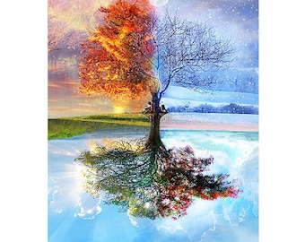 Four Seasons Tree Paint by Number Kit, Landschap DIY Kit Schilderen op canvas Wall Art Volwassene blijf thuis DIY Art Kit idee, ontspannende activiteit