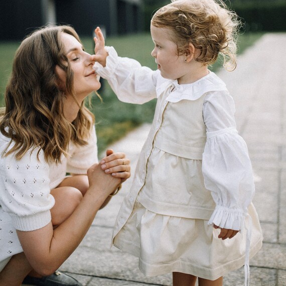 Handmade Beige Cotton Dress Set: Toddler Blouse with Puffy Sleeves