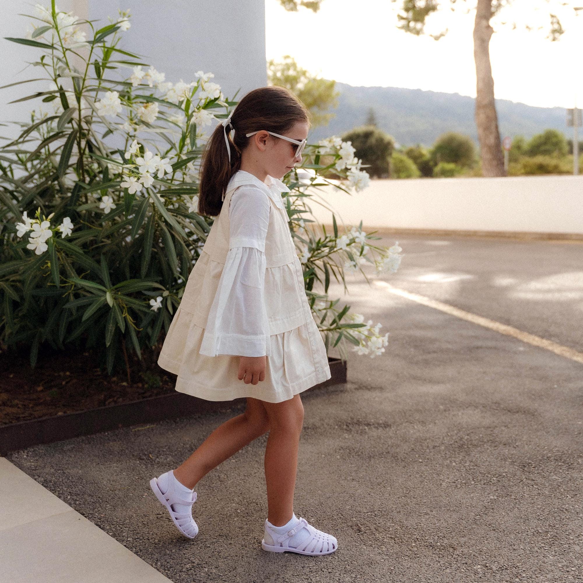 Vintage Cream Cotton Girl Dress: Handmade Boho Bell Sleeve Toddler