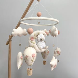 Handmade Baby Girl Crib Mobile, Felt Nursery Mobile with Embroidered Hot Air Balloons, Clouds, Moon & Lamb, Baby Shower Gift for Newborn