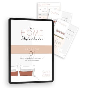 May include: A digital guide titled "Pro Home Style Guide: Bedroom 01" with a photo of a bed with pillows and a caption that reads "Correct quilt size & pillow formulas for your bed + BONUS cushion combos". The guide is by Sarah Amos Interiors.