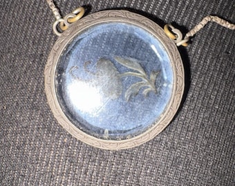 Vtg Nouveau Intaglio Reverse Carved Glass Floral Pendant Necklace ST Silver