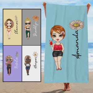 Personalized Cartoon Beach Towel: Birth Flower Design, Custom Name