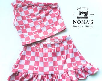 Pink Mouse Checkered Park Outfit | Handmade Girls Theme Park Outfit | Toddler Twirl Skirt Set | Magical Vacation Outfit | Mouse Inspired Set