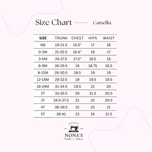 May include: Size chart for baby clothing, showing measurements in inches for trunk, chest, hips, and waist. Sizes range from newborn to 5T.