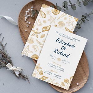 Strand Hochzeit Einladung Vorlage | Navy & Gold Seashell Design | Bearbeitbare Canva Vorlage | Küsten Hochzeit einladen | Sofort Download