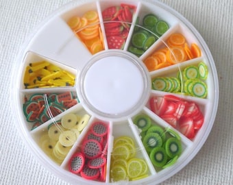 Juicy Fruits in Loop - Assorted Fruit Slices (12) - Polymer clay cane slices for miniature food deco and nail art