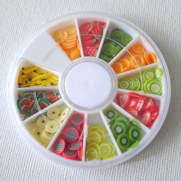 Juicy Fruits in Loop - Assorted Fruit Slices (12) - Polymer clay cane slices for miniature food deco and nail art