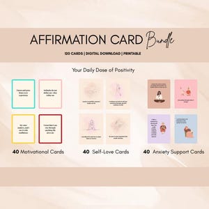Pacote de Cartões de Afirmação – 120 Cartões Positivos | Amor-próprio, Motivação e Apoio à Ansiedade | Cartões de Saúde Mental para Imprimir, Incentivo Diário à Mentalidade