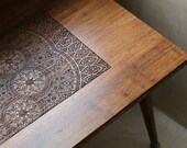 Engraved Walnut Coffee Table - Modern Wood Furniture Illustration BOHO Mid Century Eames Style