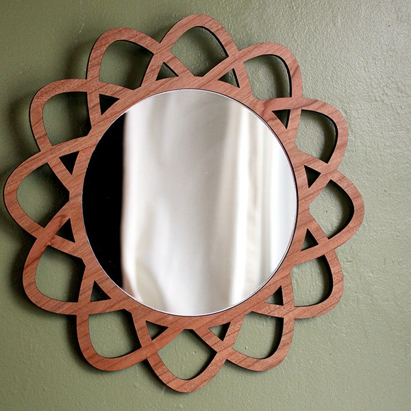 12" Geometric WALL VANITY MIRROR on Cherry Mid Century Modern Style Design with Ornate Wood Frame