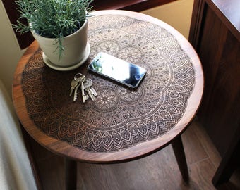 Engraved Walnut Teak Hardwood End / Side Table or Night Stand - Geometric Modern Mid Century Boho Furniture Design Eames Style