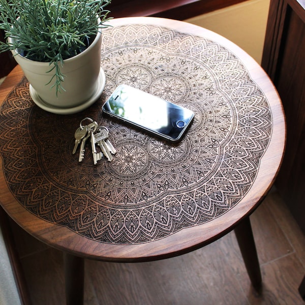 Engraved Walnut Teak Hardwood End / Side Table or Night Stand - Geometric Modern Mid Century Boho Furniture Design Eames Style