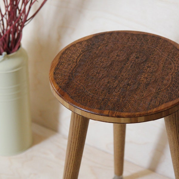 Engraved Plant Stand or Stool - Rustic Modern Mid Century Bohemian Furniture Design