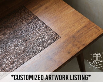 CUSTOM ART ENGRAVING Walnut Teak Coffee Table - Modern Wood Furniture Illustration Boho Mid Century Eames Style