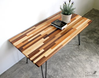 Mixed Wood Coffee Table Hairpin Legs Walnut - Modern Furniture Mid Century Eames Style Reclaimed Hardwood Design