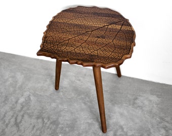 Engraved Walnut Teak Hardwood LEAF with Turned Wood Legs - End / Side Table or Night Stand - Modern Mid Century Boho Furniture Design Eames