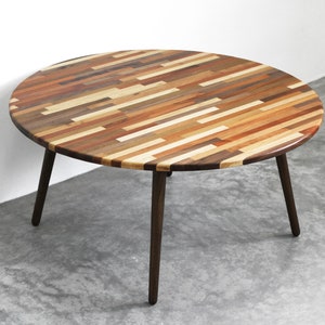 Large 34" Round Mixed Wood Coffee Table - Classic Mid Century Modern Eames Style Design Boho Wood Furniture