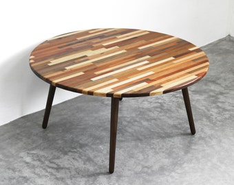 Large 34" Round Mixed Wood Coffee Table - Classic Mid Century Modern Eames Style Design Boho Wood Furniture