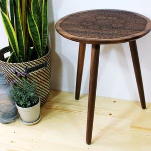 Engraved Walnut Teak Hardwood End / Side Table or Night Stand Geometric Modern Mid Century Boho Furniture Design Eames Style image 3