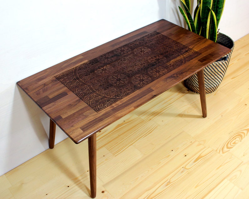 Engraved Walnut Teak Coffee Table Modern Wood Furniture Illustration BOHO Mid Century Eames Style image 2