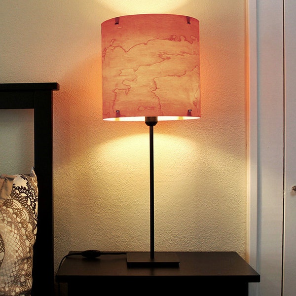 TABLE LAMP Real Wood Veneer 12" -  Complete w Black Steel Base - Modern  Industrial Lighting Lampshade