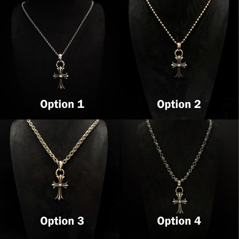 May include: Four silver-toned cross pendant necklaces displayed against a black background. Each necklace has a different chain style, with the text "Option 1", "Option 2", "Option 3", and "Option 4" below each necklace.