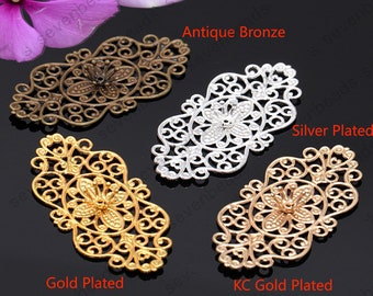 30 pièces 28*56 mm en laiton brut fleur en filigrane embellissements en métal, résultats de connecteur en filigrane, résultats en filigrane, résultats tridimensionnels