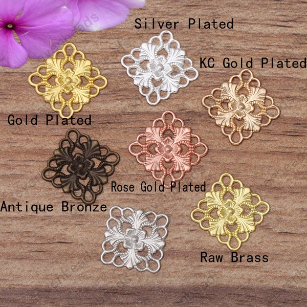 100pcs 15mm Raw Brass lace square Flower Filigree Jewelry Connectors Setting,filigree Connector Findings,Filigree Findings,Filigree finding