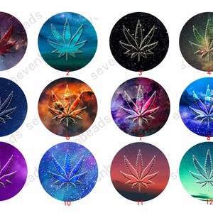 May include: Twelve round stickers featuring a galaxy background and a marijuana leaf design in the centre. Each sticker has a different coloured galaxy background.