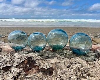 Set of 4 Japanese Glass Fishing Floats, Marks, Swirls