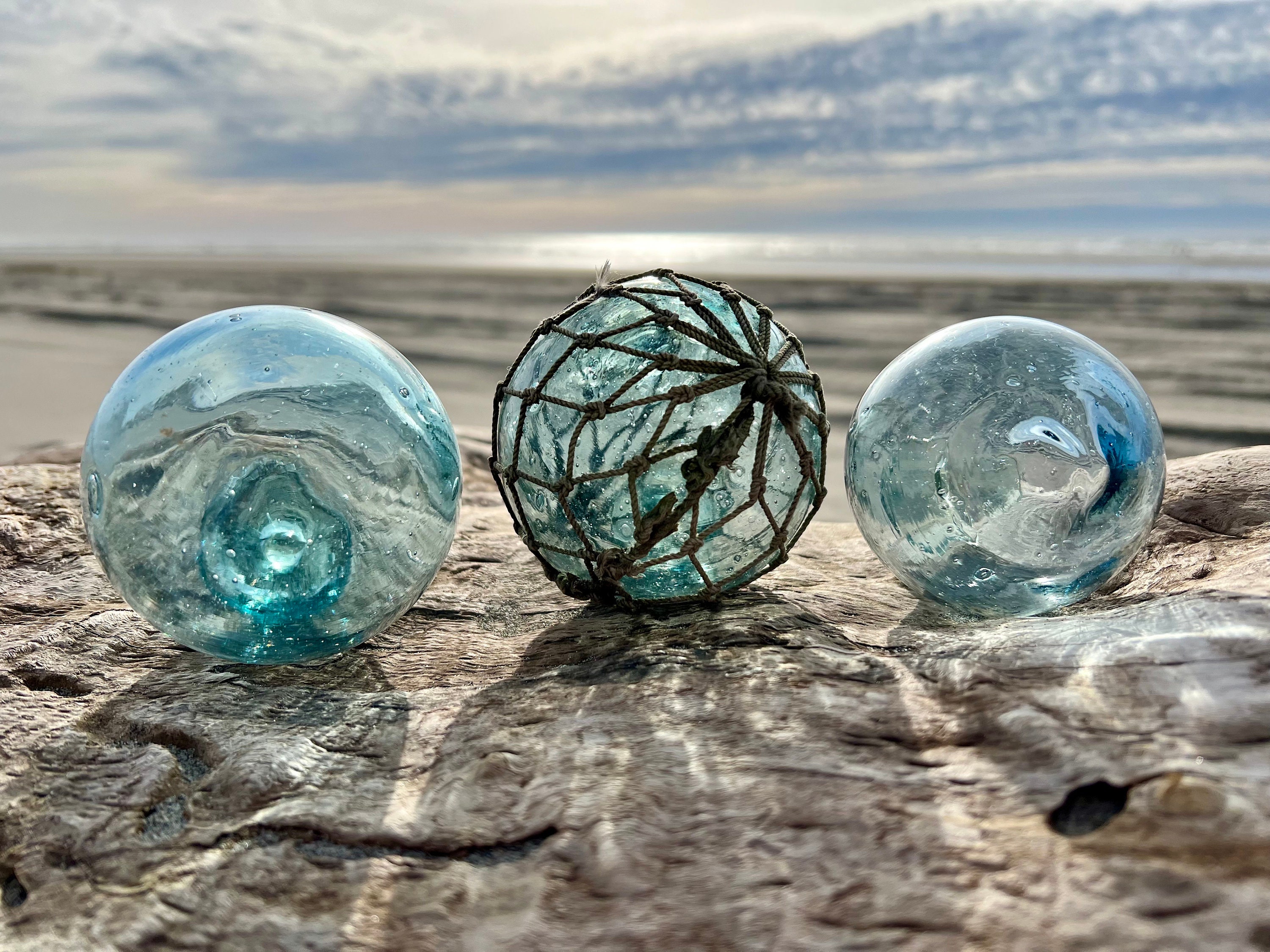 Set of 3 Japanese Glass Fishing Floats, Original Net